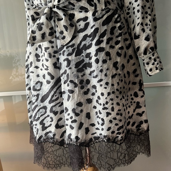 Long Sleeve Silk Snow Leopard Print Dress with Buttoned Top & Eyelash Lace Trim - Picture 10 of 13